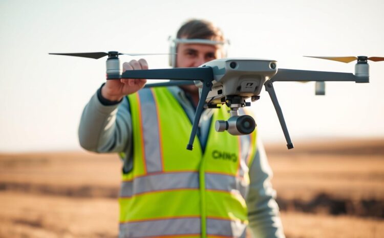 Pilota di drone che indossa un giubbotto ad alta visibilità durante un'operazione VLOS